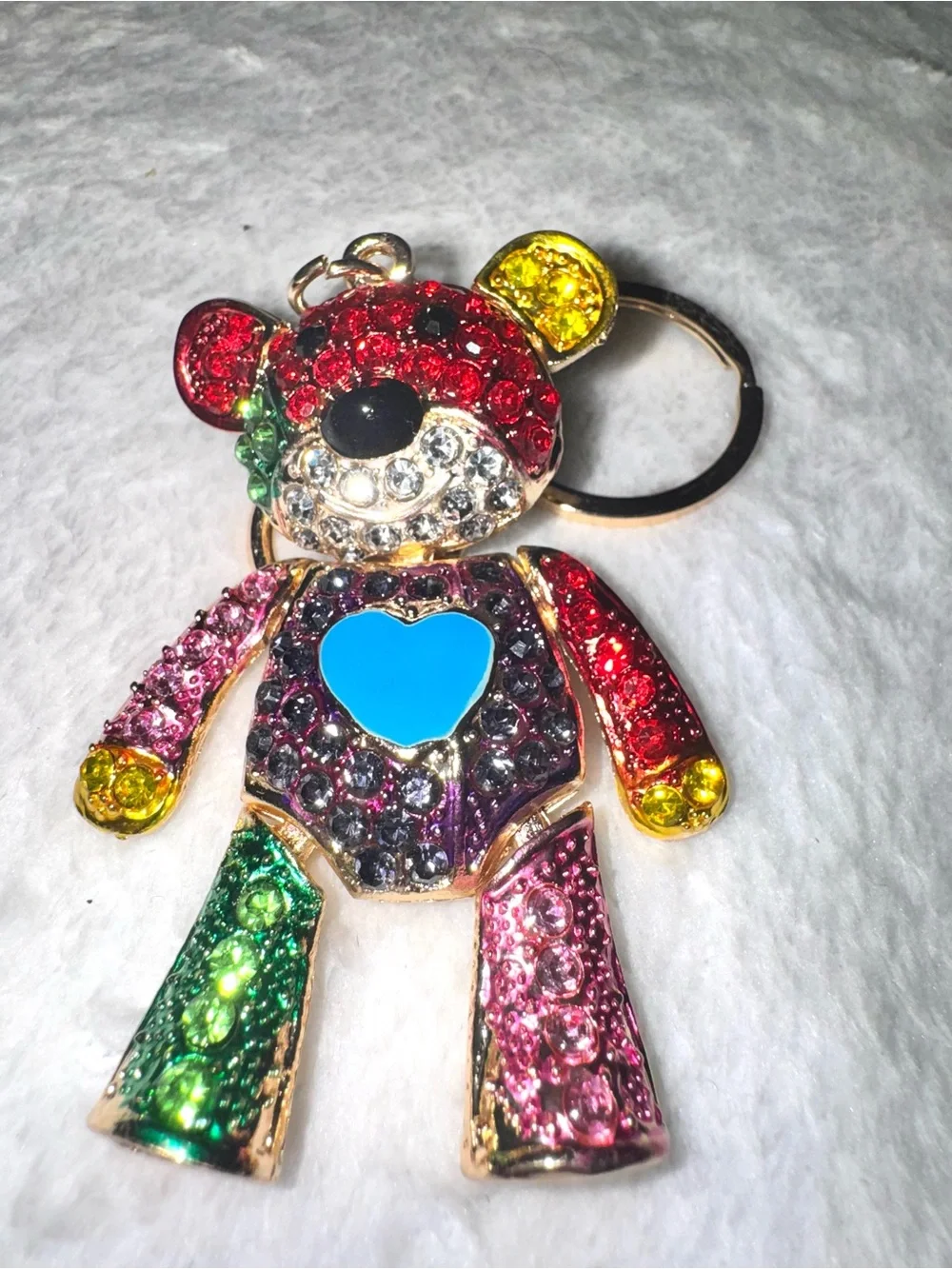 Unbranded Sparkling Multicolor Teddy Bear Keychain with Blue Heart new